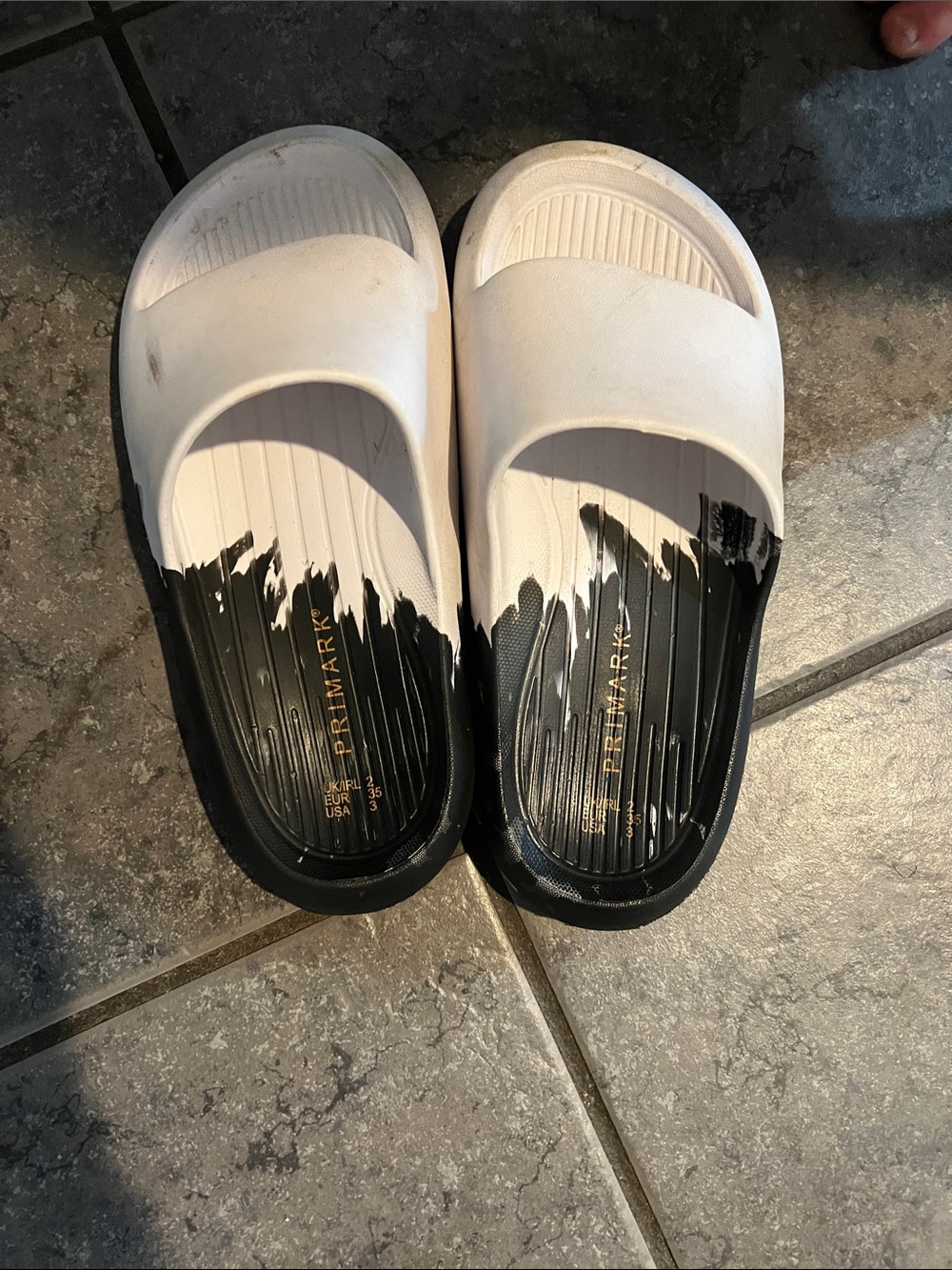 Primark White and Black Slide Sandals with Paint-Drip Footbed